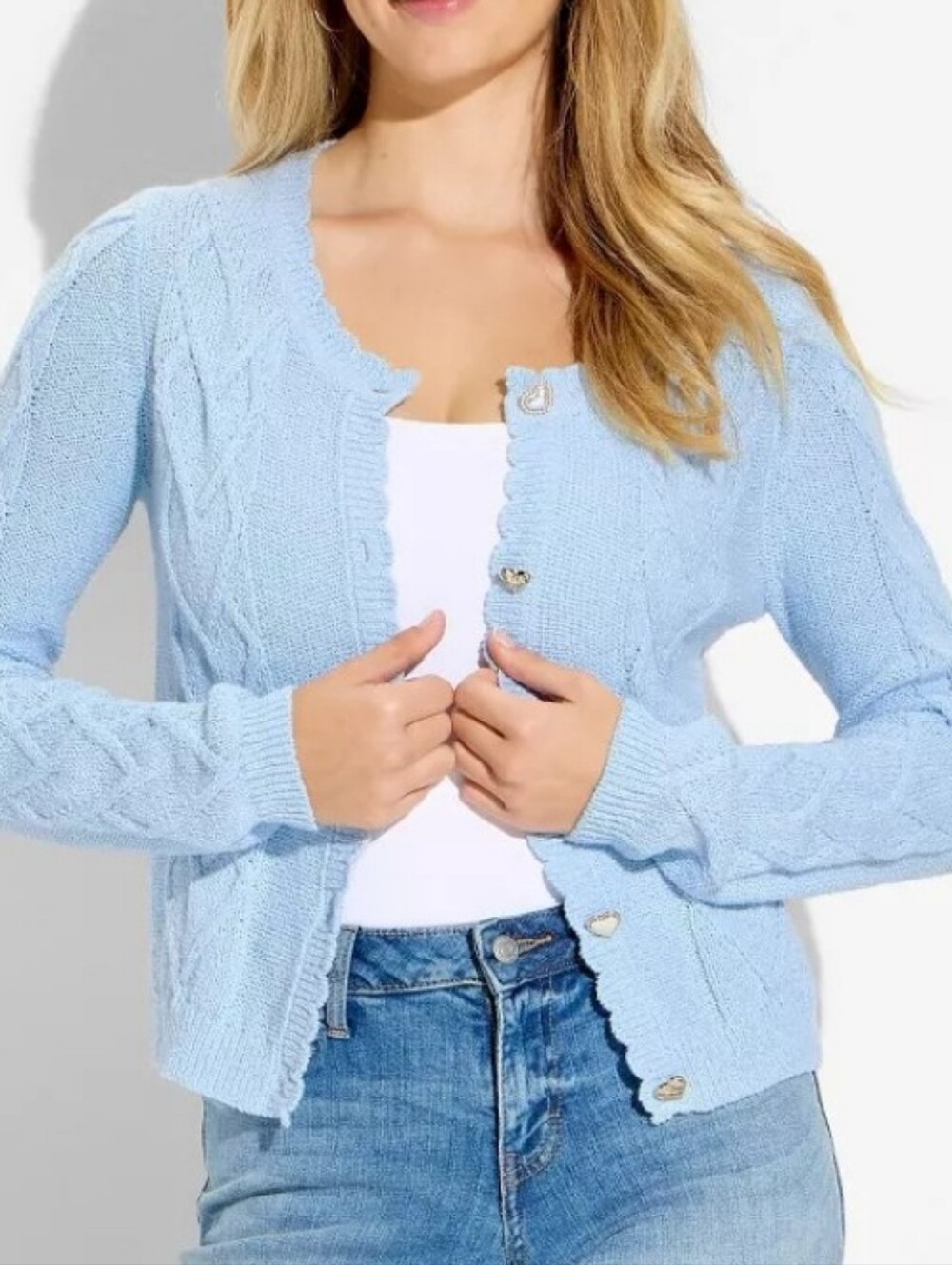 wild fable Light Blue Heart-Button Cable Knit Cardigan